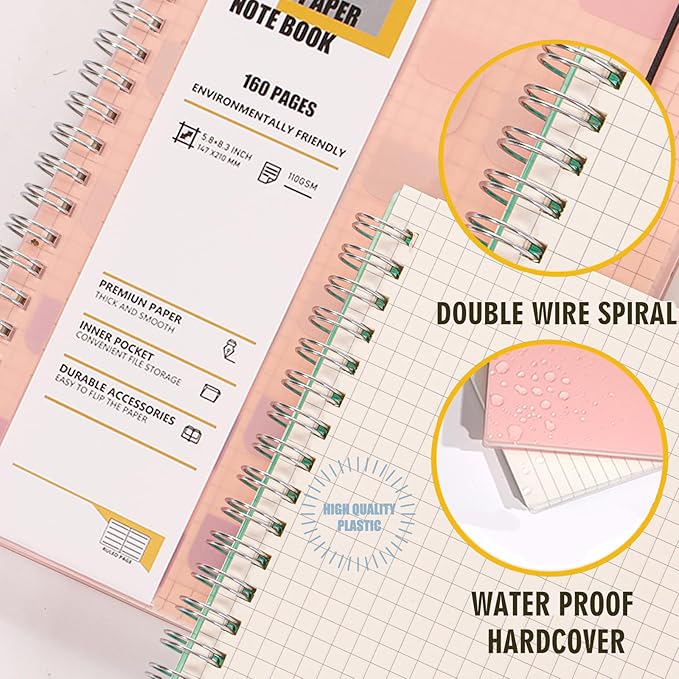 4 Pack Graph Notebook, 5.9 x 8.3 Inches Spiral Notebooks for Work, School and Journal with 110 GSM Graph Paper, Small Notebook with 80 Sheets/160 Pages, Hardcover Grid Paper Notebook