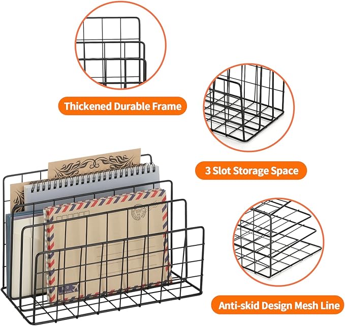 3 Slot Metal Desk Mail Organizer, Mesh Small Large File Magazine Book Record Holders Letter Organizer, Bill/Document/Filing/Folders/Paper Organizer for Desktop (Black-Large)
