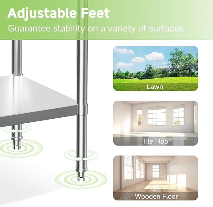 24" D x 30" W x 34" H Stainless Steel Table, NSF Stainless Steel Work Table for Prep with Adjustable Undershelf, for Commercial Kitchen, Restaurant, Laundry Room and Garage