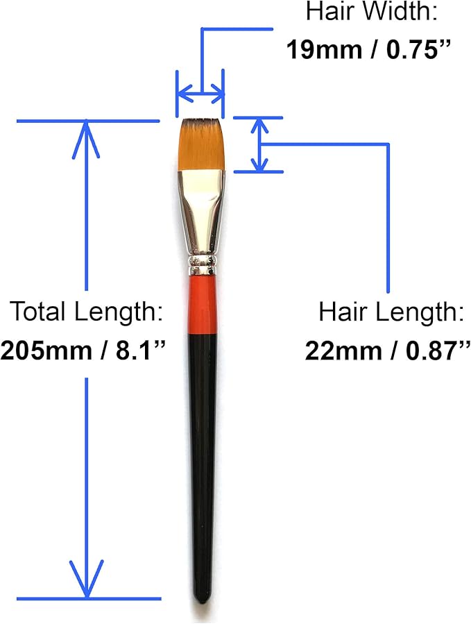 3/4 Inch Flat Bright Paint Brush, Pack of 6, Premium Quality Synthetic Sable Hair for Acrylic Watercolor Oil Gouache Painting by Students, Professionals and Artists