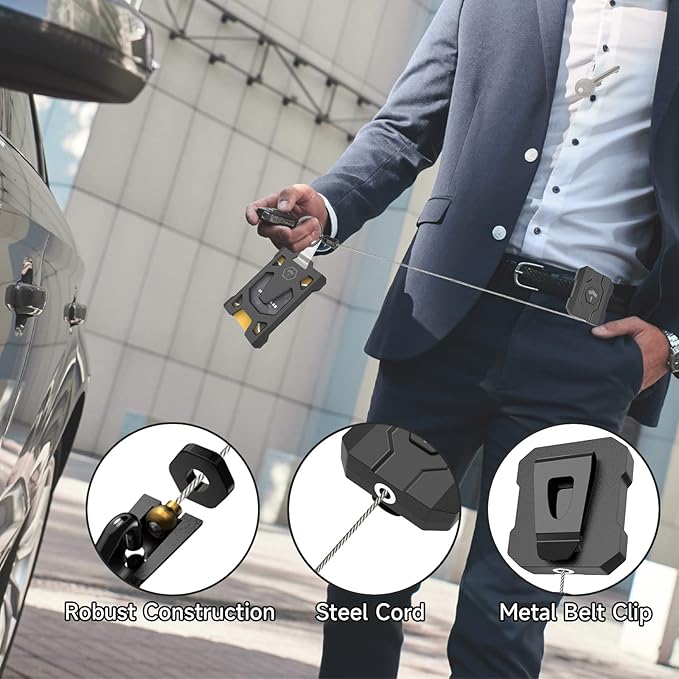 Retractable Keychain Badge Holder with Belt Clip, Heavy Duty Carabiner ID Badge Clip Reel, 31.5” Steel Retractable Cord, 10 oz Rebound，Black-1 Pack (with 1 Badge Clip)
