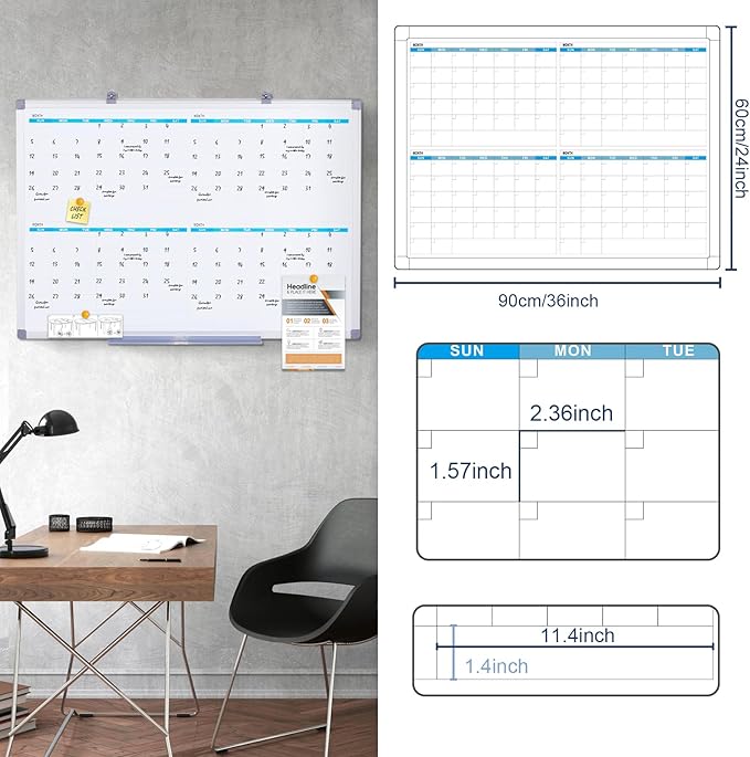 MAKELLO Large Magnetic Dry Erase Calendar Whiteboard Quarterly for Home, Bedroom, Office, Classroom, 4 Months, 36x24 in