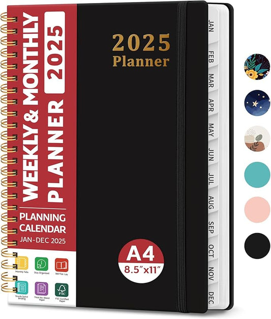 2025 Planner - Weekly and Monthly Planner Spiral Bound, January 2025 - December 2025, Hardcover 2025 Calendar Planner Book with Tabs, Inner Pocket, Perfect for Office Home School Supplies - A4 (8.5" x 11"), Black