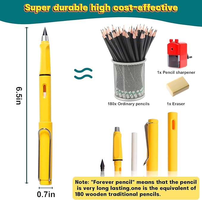 12Pack Forever Pencils for Kids Writing, Infinity Pencil Cute Inkless Everlasting Pencil with Eraser for Sketching (Black+Multicolor)