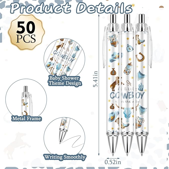 50 Sets Pen Baby Shower Favors Gifts for Guests Includes 50 Rolling Paper Ballpoint Pens and 50 Greeting Thank You Bookmarks Baby Shower Party Favors (Cowboy)