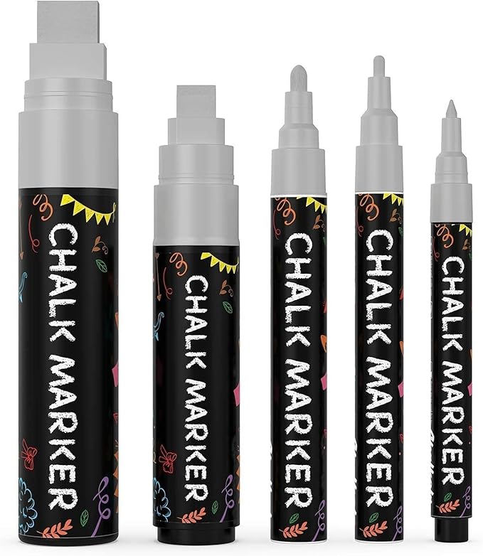 5 Silver Chalkboard Chalk Markers - Silver Dry Erase Markers for Blackboard, Chalkboard Signs, Windows, Glass | Variety Pack - Fine & Jumbo Size Ink Pen (1mm, 3mm, 6mm, 10mm, 15mm)
