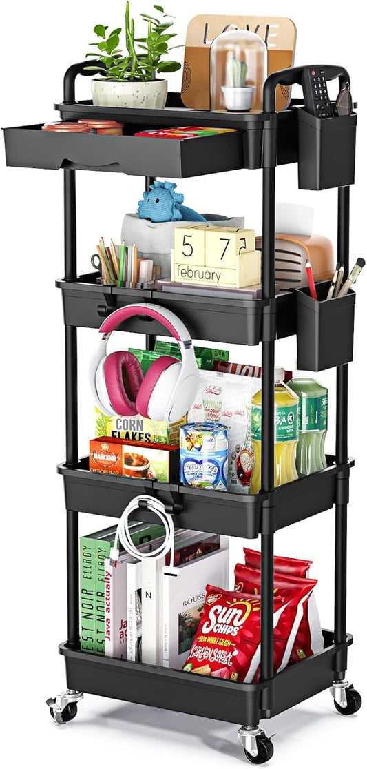 4 Tier Rolling Utility Cart with Drawer, Utility Storage Organizer with Plastic Shelf & Lockable Wheels Multifunctional Storage Cart for Kitchen, Bathroom, Office, Living Room, Black