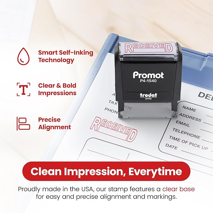 Promot Received Self Inking Rubber Stamp - Refillable Received Stamper - Business, Bookkeeping, Ordering, Accounting, Work, Office Stamps - Red Ink
