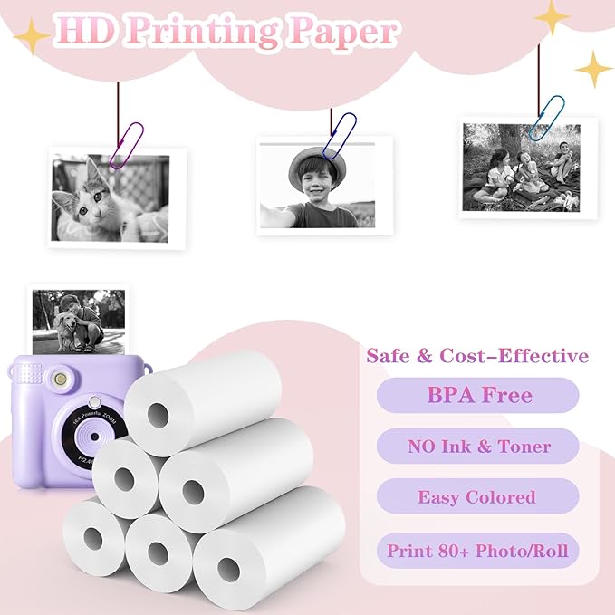 25 Rolls Kids Camera Instant Print Refill Paper Set, Phetium HD Printing Thermal Paper for Most Kids Instant Camera Photo Print (White-25 Rolls)