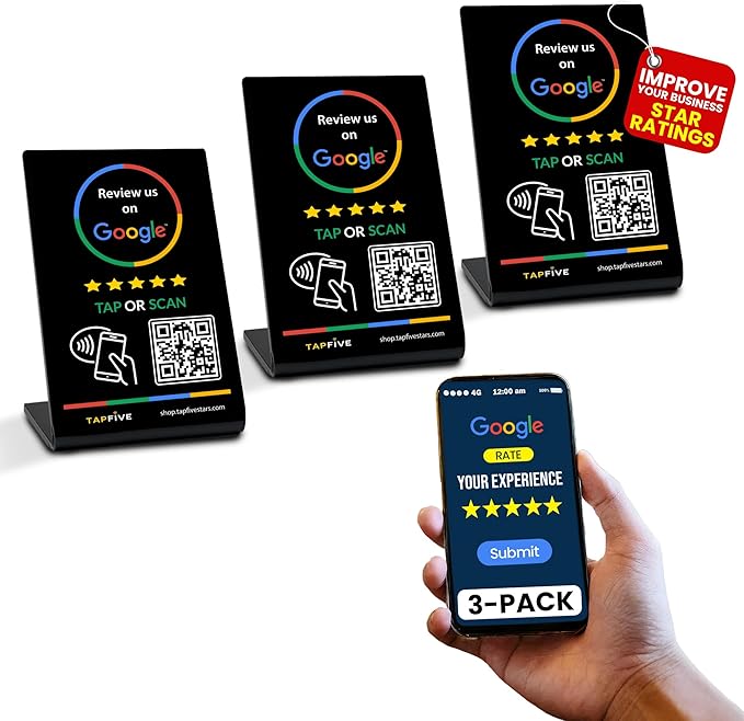 Tap Google Review Stands (3-Pack) by TapFive - Tap for Instant Reviews - All Phones Compatible - Reusable Smart Tap NFC & QR - Boost Business Reviews Zappy Fast - Powered by TapFive (Black, 3 Stands)