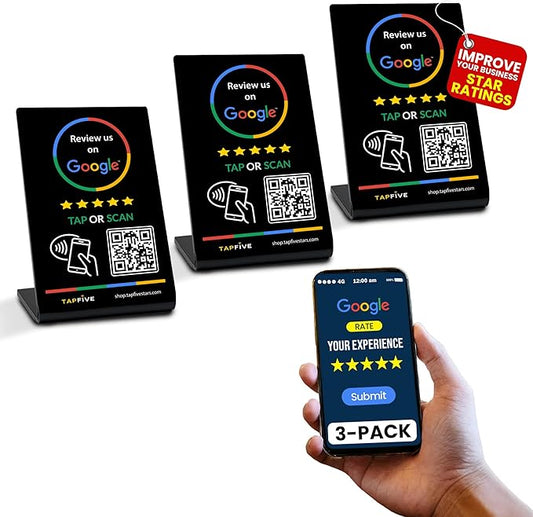 Tap Google Review Stands (3-Pack) by TapFive - Tap for Instant Reviews - All Phones Compatible - Reusable Smart Tap NFC & QR - Boost Business Reviews Zappy Fast - Powered by TapFive (Black, 3 Stands)