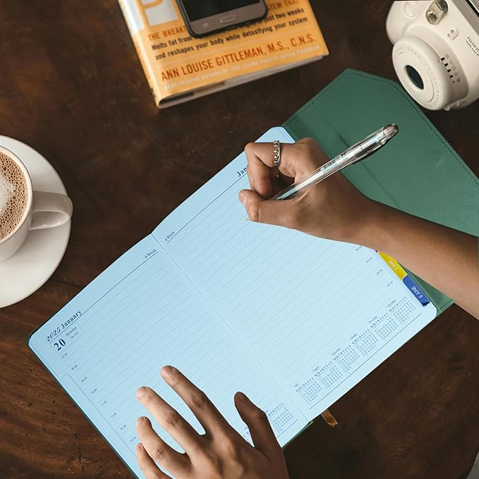 2025 Daily Monthly Planner - Calendar, January - December 2025, 100GSM Thick Paper, Leather Cover, Planner with Hourly Schedule,6.1" x 8.2", Daily Inside Page - Monthly Inside Page, Pen Holder, Bookmarks (Matcha green)