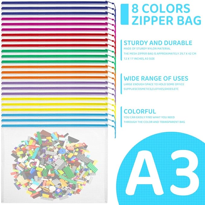 24pcs Mesh Zipper Pouch Bags, Large A3 17x12 Inches Reusable Zipper Bags Puzzle Storage 8 Colors Multipurpose for Board Games Travel Office Supplies and Home Organization