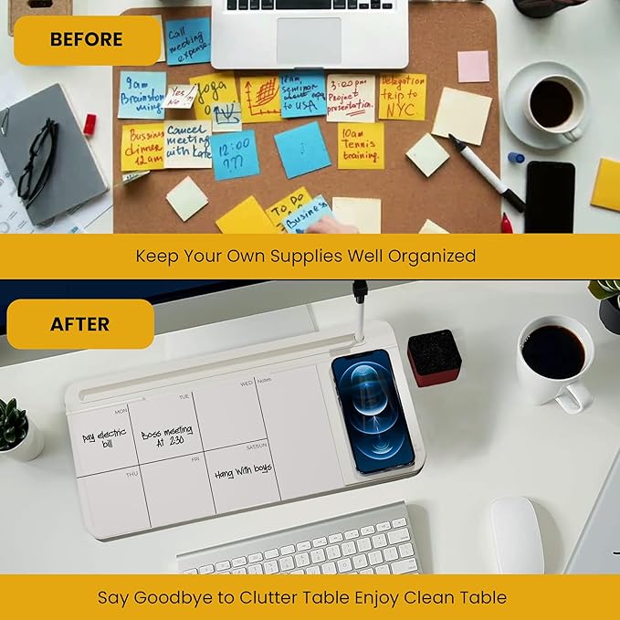 NEXTLUXE Glass Desk Whiteboard with Wireless Charger - Desktop Whiteboard with Storage, Weekly Planner, Dry Erase Pad, Organizer Drawer for Home, School, Office Gadgets – White