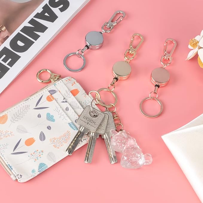 Bling Retractable Keychain, Cute Metal Carabiner Badge Holder,Retractable Badge Reel with Claw Clasp for Id Card Holders Key Ring (2Pack Glittery Purple)