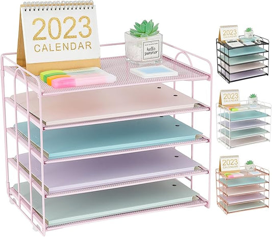 5 Tier Mesh Paper Letter Tray Organizer, Desktop Mail Sorter Office Supplies Organizer for Desk, Desk Organizers and Accessories (Pink)