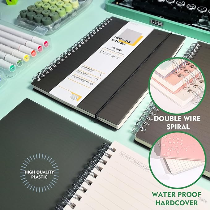 4 Pack Ruled Notebook, 5.9 x 8.3 Inches Spiral Notebooks for Work, School and Journal with 110 GSM Journal Ruled Paper, Large Notebook with 80 Sheets/160 Pages, Hardcover Ruled Journal Black