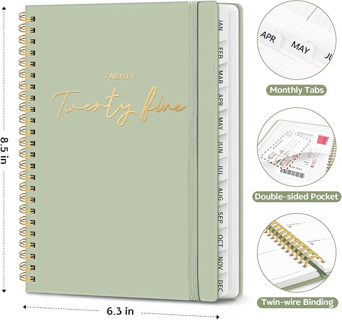 2025 Planner - Weekly and Monthly Planner, January 2025 to December 2025, Spiral Bound 2025 Calendar Planner Book, Inner Pocket, Perfect for Office Home School Supplies - A5 (6.3" x 8.5"), Sage Green