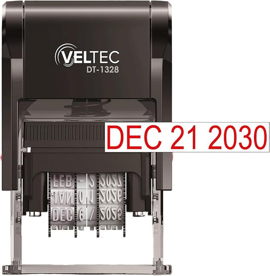 Self Inking Date Stamp with Month, Day, Year - Easy to Use & Adjust, Rubber Head, Sturdy ABS, Uniform Print, 10 Years of Dates, Refillable (Red)