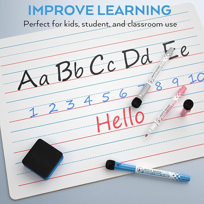 Nicpro Dry Erase Lap Board 12 x 16 inches 2 Pack Ruled Kid Double Sided Blank & Lined Small Lapboard with 8 Pens, 2 Eraser, Learning Mini Whiteboard Portable for Student and Classroom Use