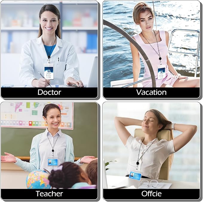 Outus 2 Pieces Badge Lanyard with ID Holders Stainless Steel Badge Holders Necklace Retractable Reel Clip Chain Water Resistant Name(Black)