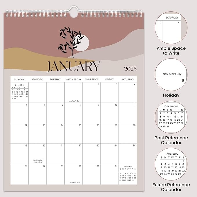 2025 Wall Calendar, Monthly Wall Calendar from January 2025 to June 2026, 14.7" x 11.5", Spiral Binding Hanging Wall Calendar, Perfect for Home or Office, Boho Theme