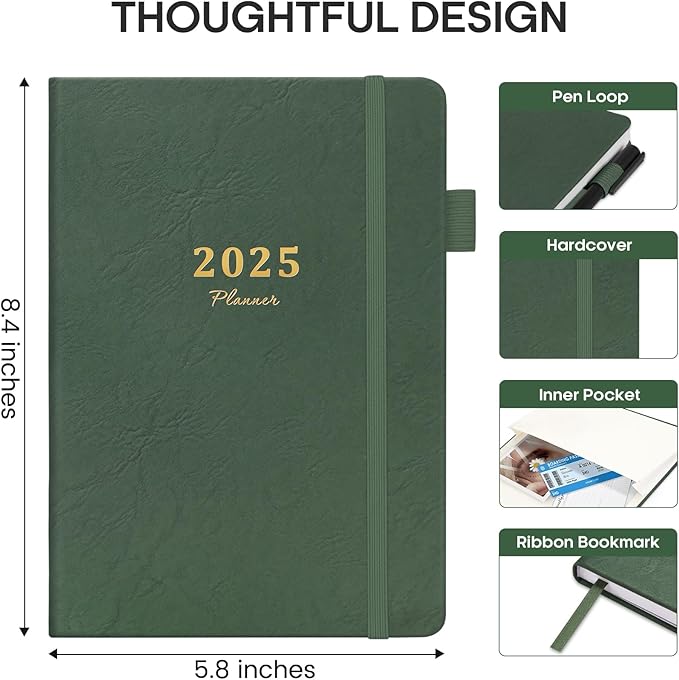 2025 Planner - Weekly and Monthly Planner, January 2025 to December 2025, Hardcover 2025 Calendar Planner Book, Inner Pocket, Perfect for Office Home School Supplies - A5 (5.8" x 8.4"), Green
