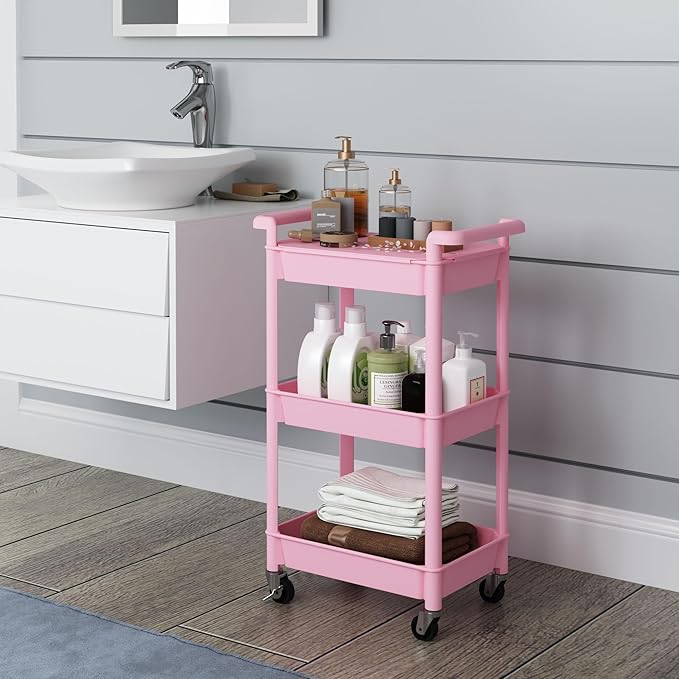 3-Tier Utility Rolling Cart with Cover Top Board, Mobile Utility Cart with Lockable Casters Multi-Functional Storage Trolley for Office, Bathroom, Kitchen, Garden, Laundry Room (Pink)