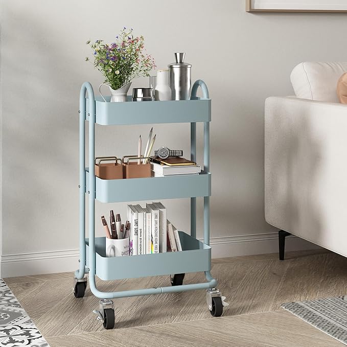 3-Tier Rolling Cart with Wheels,Kitchen Storage Carts or Metal Rolling Utility Cart with Handle,Movable Storage Organizer,Blue Carts for Nursery, Kitchen, Bathroom, Craft Room（13.4"x18.1"x31"）