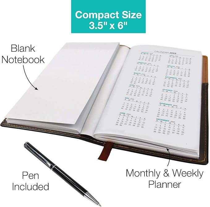 2025 Pocket Planner/Pocket Calendar and Pen, 3.5"x6": Includes 14 Months (November 2024 - December 2025) / 2025 Weekly Planner/Weekly Agenda/Monthly Calendar Organizer (Brown/Black)