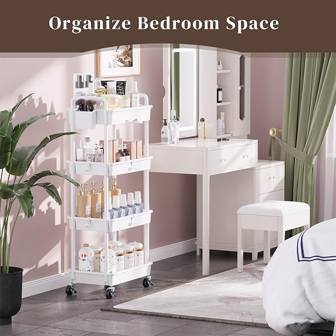 4 Tier Rolling Utility Cart with Drawer, Utility Storage Organizer with Plastic Shelf & Lockable Wheels Multifunctional Storage Cart for Kitchen, Bathroom, Office, Living Room, White