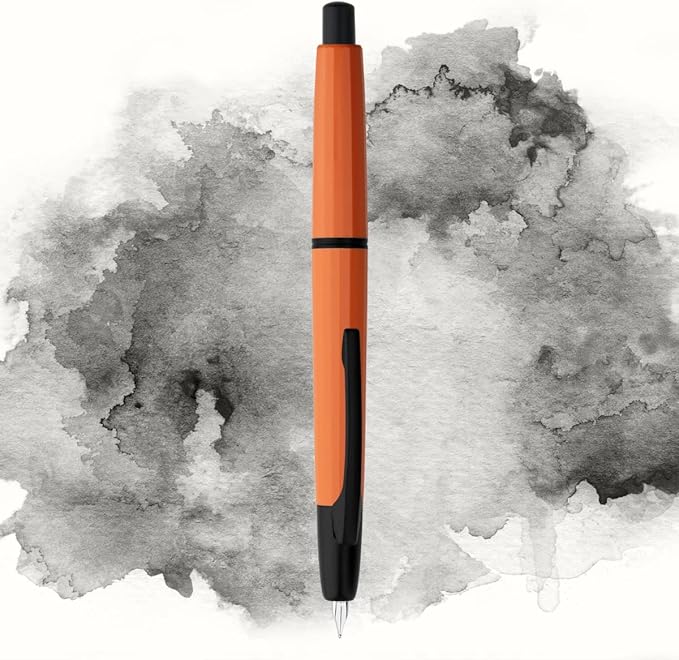 Majohn A2 Press Fountain Pen Extra Fine Nib with Box, Retractable Orange Resin Ink Pen with Converter Writing Set (Black Clip Version）