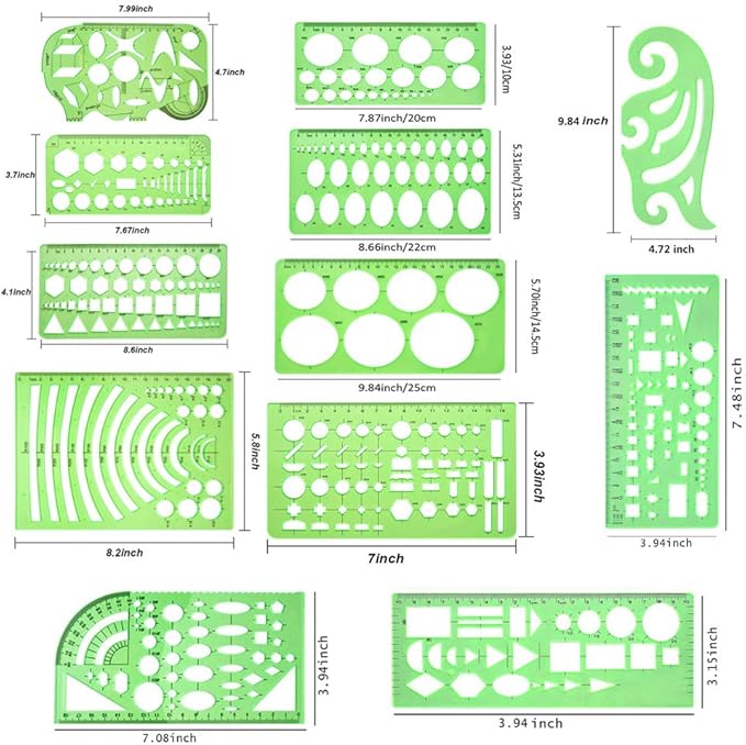 11 Pieces Geometric Drawings Templates Stencils Plastic Measuring Template Rulers Clear Green Shape Template for Drawing Engineering Drafting Building School Office Supplies