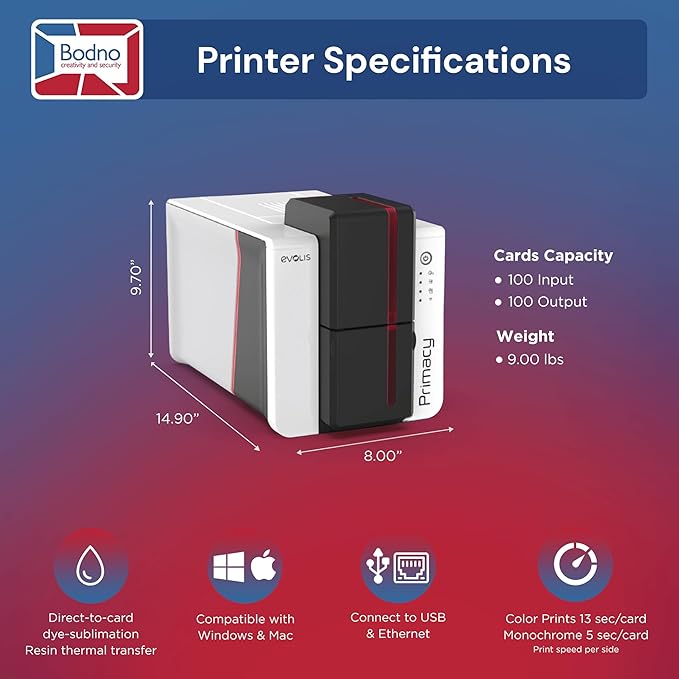 Bodno Evolis Primacy 2 Single Sided ID Card Printer & Complete Supplies Package Silver Edition ID Software