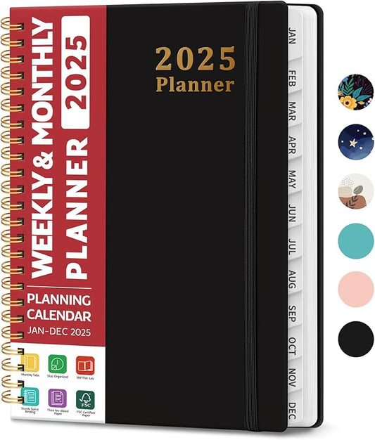 2025 Planner - Weekly and Monthly Planner Spiral Bound, January 2025 - December 2025, Hardcover 2025 Calendar Planner Book with Tabs, Inner Pocket, Perfect for Office Home School Supplies - A5 (6.3" x 8.5"), Black