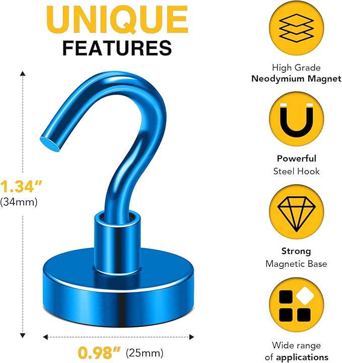 DIYMAG Blue Magnetic Hooks, 80 LB Heavy Duty Strong Magnets with Hooks, Strong Rare Earth Neodymium Magnet Magnetic Hooks for Cruise Cabins Cruise Ship Essentials 20 Packs