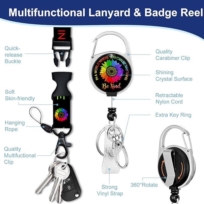Giancomics Be Kind Lanyards for Id Badges, ID Badge Holder with Lanyard Badge Reel Retractable, Flower Teacher Lanyard with ID Holder Keychain Clip Name Tag ID Card Holder for Women Work Office Gift