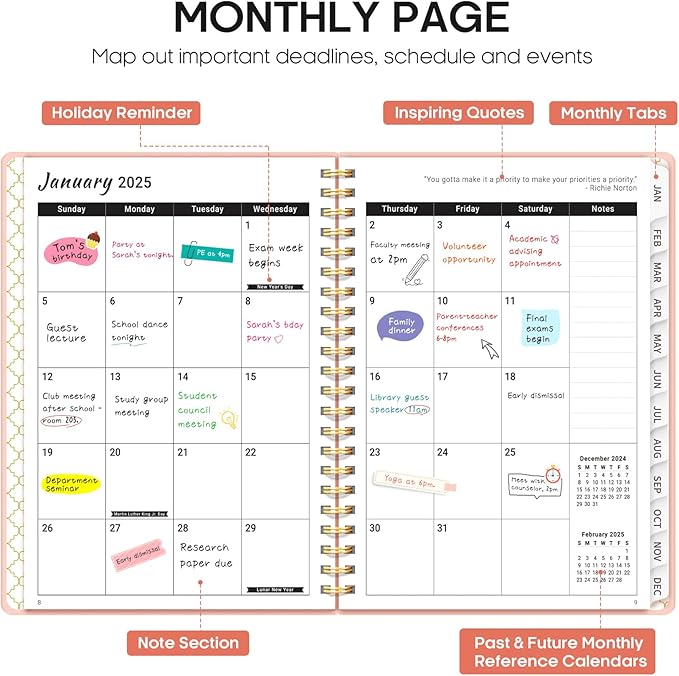 2025 Planner - Weekly and Monthly Planner Spiral Bound, January 2025 - December 2025, Hardcover 2025 Calendar Planner Book with Tabs, Inner Pocket, Perfect for Office Home School Supplies - A5 (6.3" x 8.5"), Pink