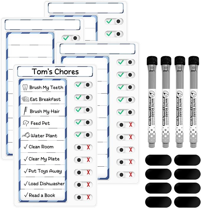 4 Pcs Chore Chart for Kids: Dry Erase My Chores Slider Chart, Magnetic Visual Schedule for Fridge, Kids Daily Checklist - ADHD Tools: to Do List and Routine Chart for Multiple Kids (Blue 4-pack)