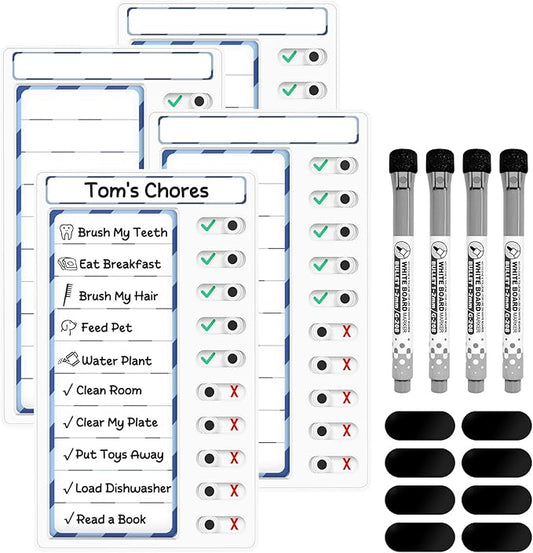 4 Pcs Chore Chart for Kids: Dry Erase My Chores Slider Chart, Magnetic Visual Schedule for Fridge, Kids Daily Checklist - ADHD Tools: to Do List and Routine Chart for Multiple Kids (Blue 4-pack)