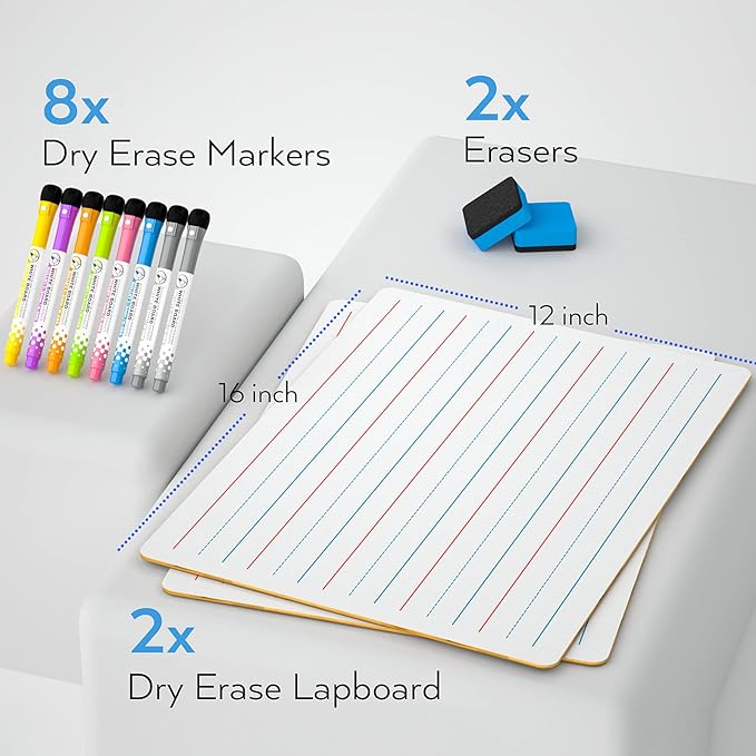 Nicpro Dry Erase Lap Board 12 x 16 inches 2 Pack Ruled Kid Double Sided Blank & Lined Small Lapboard with 8 Pens, 2 Eraser, Learning Mini Whiteboard Portable for Student and Classroom Use