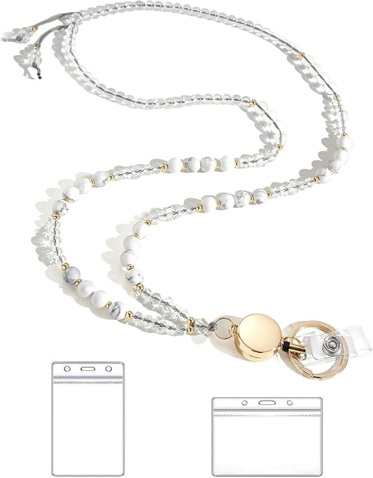 Lanyards for ID Badges and Keys,Natural Stone Beaded Teacher Lanyard for Women,Retractable Lanyard with ID Holder Cute Lanyards for Teachers（White）