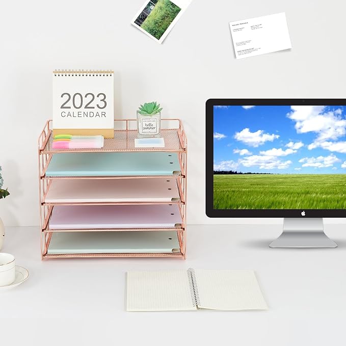 5 Tier Mesh Paper Letter Tray Organizer, Desktop Office Supplies Organizer for Desk, Desk Organizers and Accessories (Rose Gold)