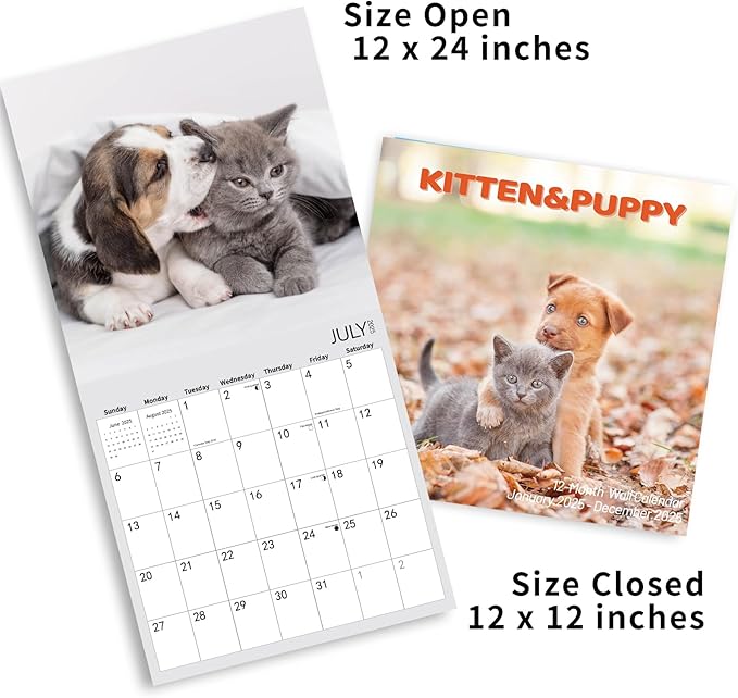 2025 Wall Calendar,Calendar 2025,Kittens & Puppies Monthly Wall Calendar, 12" x 24" Open,Family Planner Calendar Organizer with Cute kittens & Puppies Images, for Cat & Dogs Lovers