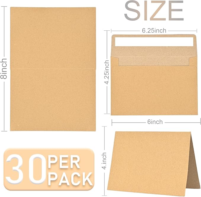 30 blank cards and envelopes each, thank you blank greeting cards and envelopes, brown A4 blank cards, 4x6 envelope invitations, suitable for printing custom, suitable for various occasions DIY