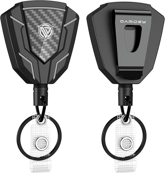 Oaridey Heavy Duty Retractable Keychain with Belt Clip, Retractable Badge Holders with Carbon Fiber Front, Badge Reels Retractable with Key Ring and 31.8” Steel Cord, 9oz Rebound - 2 Pack
