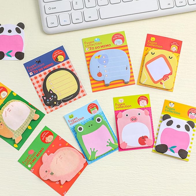 24 Pads Cute Animal Sticky Notes with 8 Cute Patterns 3 Pads of Each Kawaii Note Pads Cute Cartoon Self-Stick Memo Pads for School Office Home Students Roommates Kids Gifts