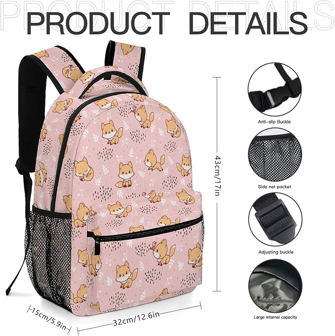 3PCS 17" Fox Backpack, Shoulders Backpack with Insulated Lunch Bag Durable Fox Laptop Bag Daypack with Multiple Pockets (Fox)