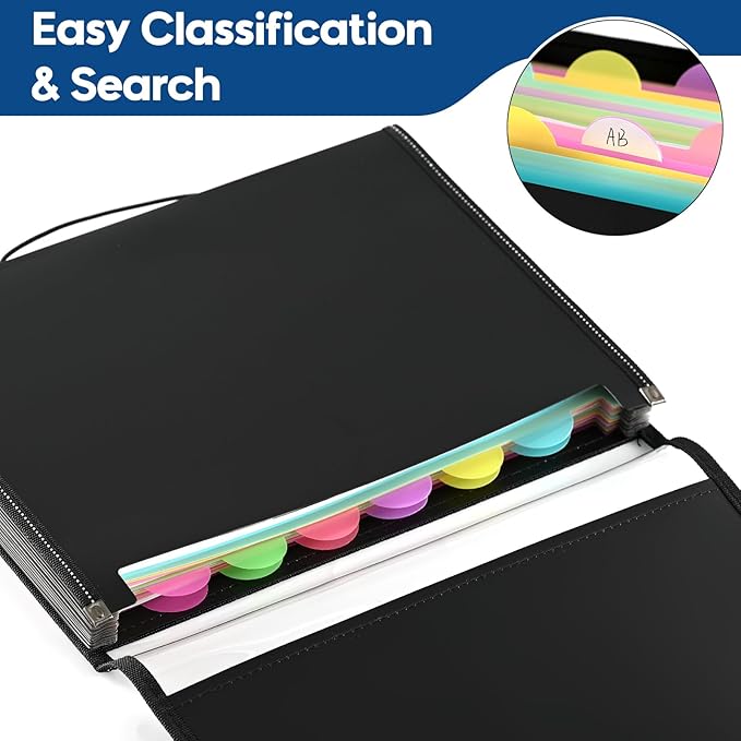 12-Pocket-Expanding File-Folder,Accordion-File-Organizer, A4/US Letter Size Paper Receipt Organizer Accordian Filing Folders (Black-C-12 Pockets)