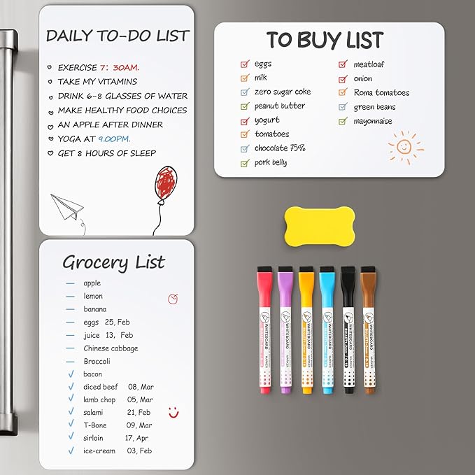 3 Pack Magnetic Dry Erase Board Sheet for Fridge, 12"x8" Erasable Refrigerator WhiteBoard w/ 6 Markers & 1 Eraser- Smooth and Flexible Small Magnet Blank Notepad for Home Kitchen Organizer and Planner